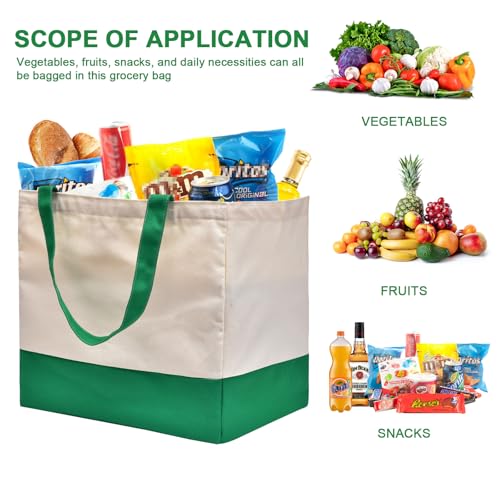 Canvas Reusable Grocery Bags Heavy Duty, 8.3 gal Foldable Large Canvas Tote Bag with Handles, Holds 60 lbs Shopping Bags, 3 Pack - color: [A1] Off White / Green, size: 3 Pack