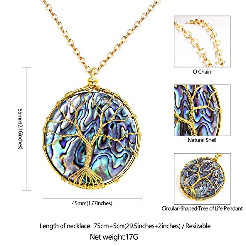 FOCALOOK Stainless Steel Wire Wrapped Tree of Life Abalone Necklaces Handmade Costume Jewelry Long Necklaces for Women (Send Gift Box) - style: 04.Round Shaped-Gold