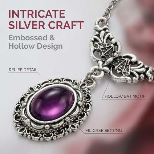 Gothic Vintage Gem Pendant Necklace | Victorian Style Filigree Silver-Tone Jewelry | Ideal Gift for Party Cosplay & Daily Wear - color: Purple