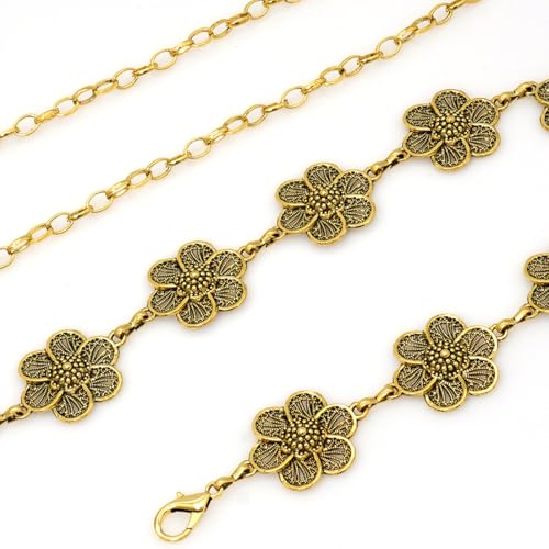 Women's Western Chain Belt Boho Waist Chain Chunky Metal Belts for Dresses - color: Flower Gold, size: Fits Waist 41"-47"