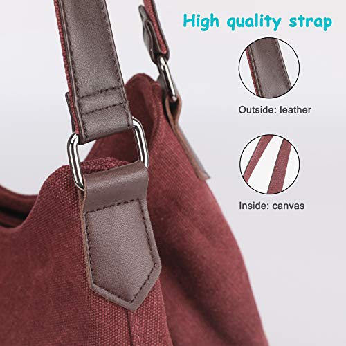 DOURR Women's Multi-pocket Shoulder Bag Fashion Cotton Canvas Handbag Tote Purse - color: Purple Coffee - Large Size