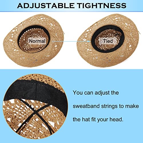 Men & Women's Summer Cowboy Cowgirl Straw Hat Hollow Out Woven Roll Up Wide Brim Sun Hat with Chin Strap - color: Camel