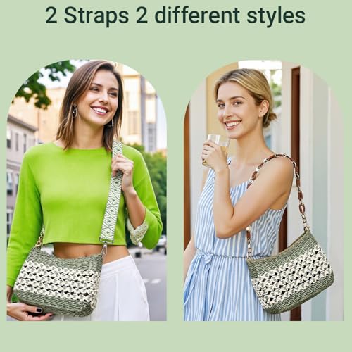 Herald Small Summer Crossbody Bags for Women, Beach Handmade Straw Woven Pocketbooks Handbag Shoulder Purse - color: Green With Silvery Thread