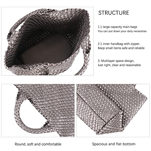 Handmade Woven Bag Satchel Handbag For Women Vegan Leather Tote Bag With Purses Travel Shoulder Bag Underarm Bag - color: Silver Grey-a
