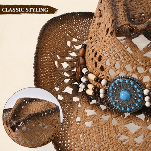 Straw Cowboy Hat for Men Womens Straw Cowgirl Hat Summer Western Cowboy Hats with Wide Brim for Cowgirls and Cowboys - color: Brown