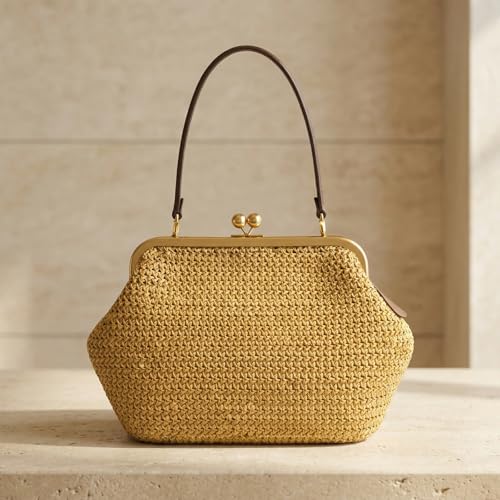 Kiss Lock Woven Bag, Large Capacity Straw Rainbow Handbags for Vacation Travel Shopping, Summer Straw Shoulder Bags - color: [Style 3]