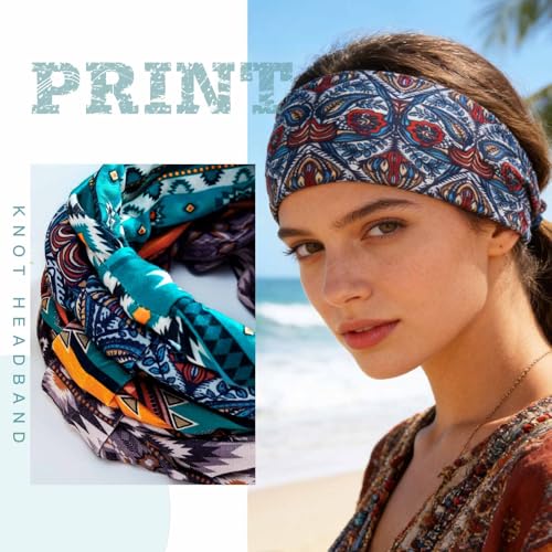 Acenail Wide Headbands Floral Turban Boho Headband Knotted Elastic Non Slip Hairbands Bohemian Vintage Printed Head Wraps Workout Yoga Hair Scarfs Fashion Hair Accessories for Women 4Pcs (Print) - color: Print