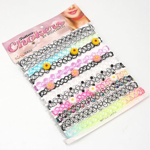BodyJ4You 24PC Tattoo Choker Necklace - 90s Choker Necklaces Y2K Fashion Trendy Vintage - Daisy Flower Charm Colorful Rainbow Black Goth Pendant - Stretchy Elastic Necklace Summer Gift Set - color: Black, Rainbow, Purple