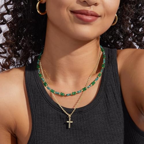 KissYan Beaded Choker Necklace for Women, Colorful Natural Gemstones Pearl Choker 14K Gold Plated Pendant Healing Crystal Necklace Handmade Stone Jewelry Gift - color: R-Green Agate