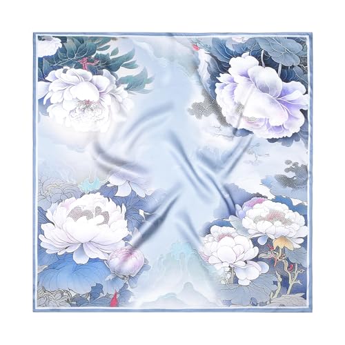 SHIROUYU 100% Pure Mulberry Silk Scarf 35" Large Square Lightweight Headscarf –Women’s Hair Wraps The shawl-With Gift Packed - color: Blue-peony