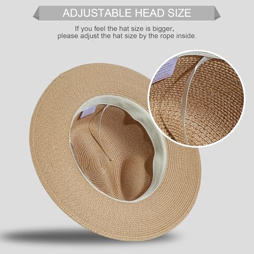Lanzom Women Wide Brim Straw Panama Roll up Hat Fedora Beach Sun Hat UPF50+ - color: Brown/Black, size: One Size-Small