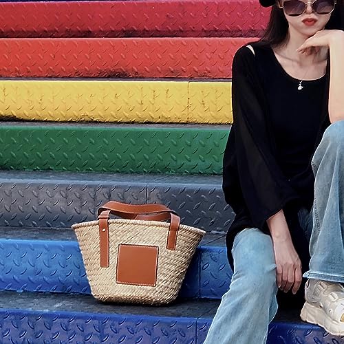 Straw Basket Tote Bag for Women PU Leather Strap Hollow Woven Top Handle Straw Purses and Handbags - color: Brown-12in-small