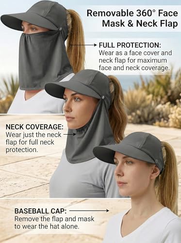 Outdoor Wide Brim Sun Hat Visor for Women, Detachable Face & Neck Cover, Hiking Gardening UPF 50+, Ponytail Friendly - color: Dark Grey