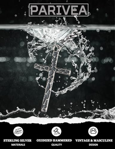 925 Sterling Silver Cross Necklace Men - Oxidized Hammered Cross Pendant with Stainless Steel Cuban Link Curb Chain Vintage Unique Crucifix Necklaces Silver Jewelry for Mens Women 16-30 Inches