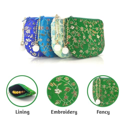 Handmade Women Coin Purse Rosary Pouch Silk Jewelry Bag Brocade Zipper Wallet - Green - color: Green