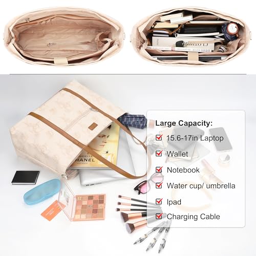 Laptop Tote Bag for Women 17 Inch, Teacher Work Bag with Compartments Business Laptop Bag With 15 Pockets Work Tote Bag - color: A3-beige/Brown Flower-1pcs