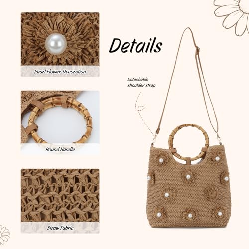 Beach Bags for Women, Summer Beach Woven Bag, Flower Pearls Straw Tote Bag for Summer Vacation - color: Khaki