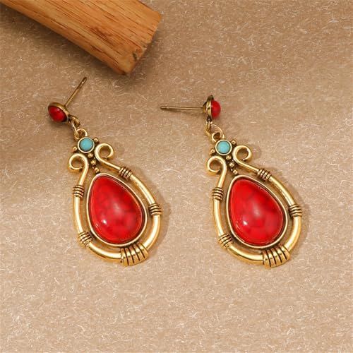 Handmade Teardrop Turquoise Earrings Necklace Set for Women Bohemia Tribal Antique Ethnic Style Earring Delicate Teardrop Gemstone Dangle Drop Statement Earrings Western Jewelry - color: Red Turquoise Choker Necklace