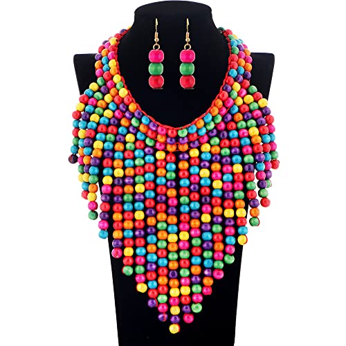 COLORFUL BLING Boho African Wooden Beaded Bib Statement Choker Necklace Long Multi Strand Chunky Layered Collar Tassel Necklace for Women Handmade Jewelry - color: yellow mix