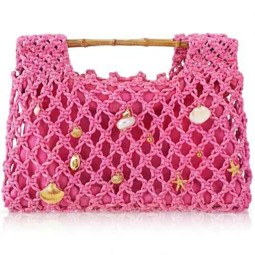 Women Crochet Woven Mesh Handbag Summer Seaside Beach Vacation Straw Tote Purse Wedding Party Gift - color: Pink