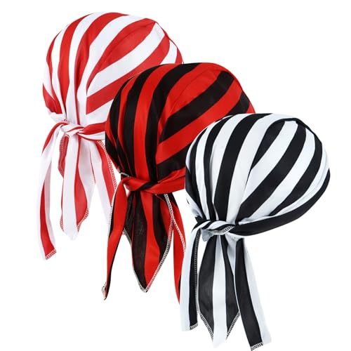 DOCILA 3 Pcs Do Rags for Men Skull Cap Bandana Hat Breathable Helmet Linner Beanie - color: Whiteredblack