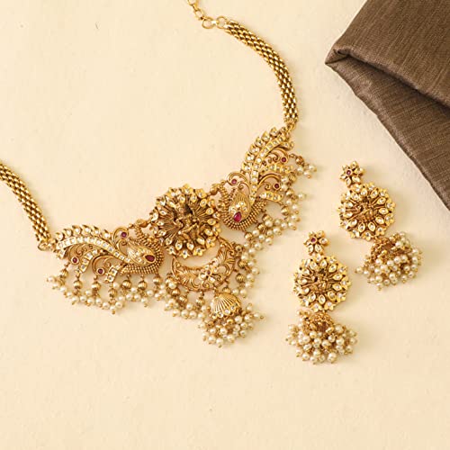 TARINIKA Brass Indian Choker Necklace Set - Gold Plated Cubic Zirconia Indian Jewelry Sets for Women Dangle, Drop, Jhumka Earrings Traditional Desi Necklace Pearls Gift for her - style: Anusri Antique(White Red)