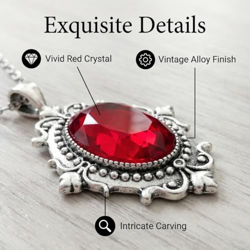 Gothic Vintage Gem Pendant Necklace | Victorian Style Filigree Silver-Tone Jewelry | Ideal Gift for Party Cosplay & Daily Wear - color: Red