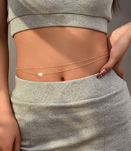 Honsny 2PCS 25-43Inch 18K Gold Plated Waist Chain Minimalist Pearl Belly Body Chain Gold Layered Sexy Bikini Body Chains Waist Jewelry for Women - color: C:Beads & Pearl, size: M(31-37INCH)