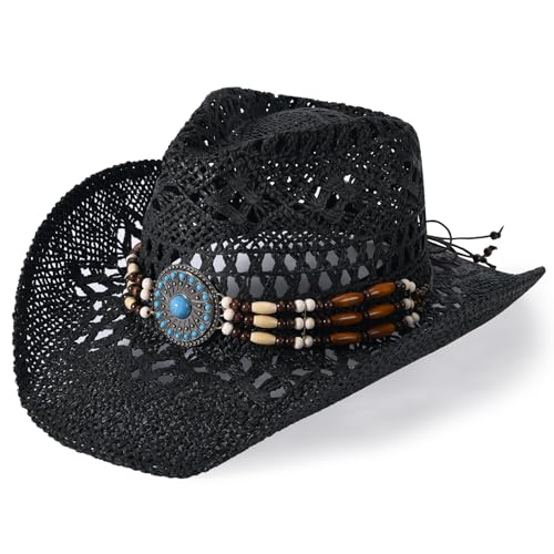 Straw Cowboy Hat for Men Womens Straw Cowgirl Hat Summer Western Cowboy Hats with Wide Brim for Cowgirls and Cowboys - color: Black