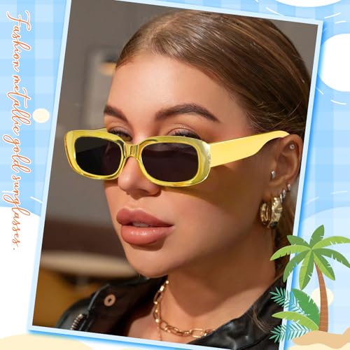 10 Pack Neon/Black Rectangle Sunglasses Bulk for Women Men Retro Trendy Small Rectangle Glasses Party Favors - color: Metallic Gold