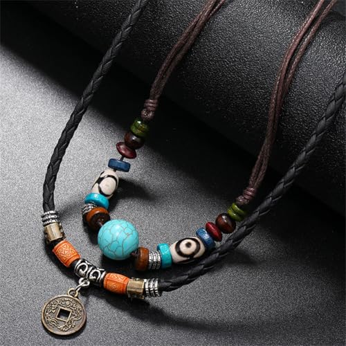 Leather Necklace with Stainless Steel Pendant for Men Women, Vintage Hemp Rope Tribal Choker Necklaces Adjustable 18-30 inch, Clasp-Free Long Necklace - color: Boho Coin Pendant