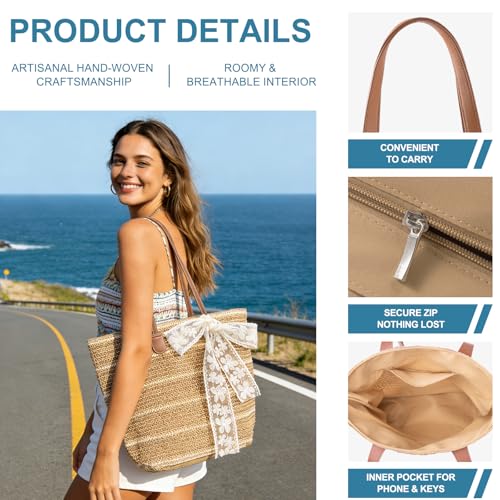 Straw Beach Tote Bag for Women - 2026 Large Handwoven Summer Vacation Purse with Zipper for Travel Pool Shopping Essentials | Zipper Closure, Beach Vocation, Lightweight Foldable, Large Capacity, Eco-friendly, Boho Style