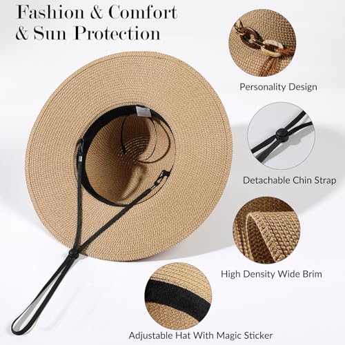 Beach Sun Straw Hats for Women, UPF 50+ UV Sun Protection Wide Brim Summer Straw Hat Foldable Packable Roll up Cap - color: Buckle - Khaki & Beige