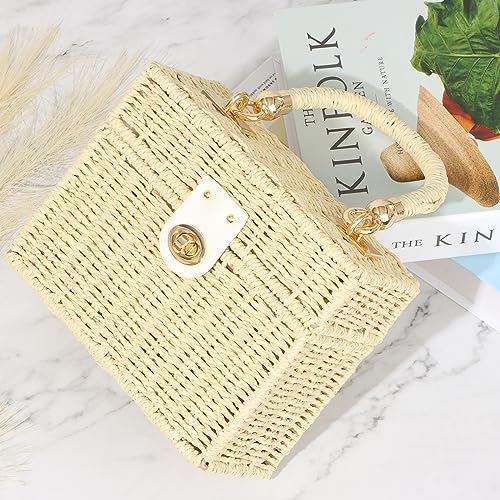 Fecialy Women Handwoven Rattan Handbag Beach Straw Tote Bag Square Boho Crossbody Bag - color: Beige