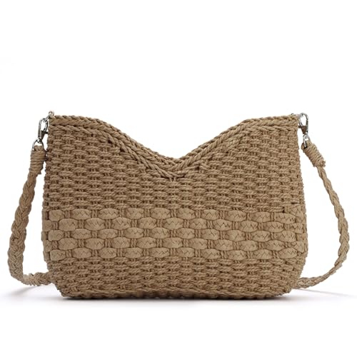 KUANG! Handmade Woven Shoulder Bag for Women Summer Beach Straw Purse Crossbody Handbag with Strap - color: Brown