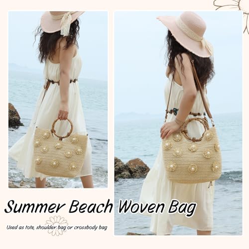Beach Bags for Women, Summer Beach Woven Bag, Flower Pearls Straw Tote Bag for Summer Vacation - color: Beige