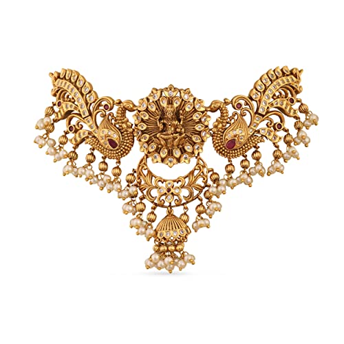 TARINIKA Brass Indian Choker Necklace Set - Gold Plated Cubic Zirconia Indian Jewelry Sets for Women Dangle, Drop, Jhumka Earrings Traditional Desi Necklace Pearls Gift for her - style: Anusri Antique(White Red)