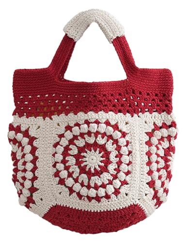 Womens Summer Boho Crochet Beach Tote Bag Handmade Woven Handbag Large Travel Vacation Shopper Straw Purse - color: Red