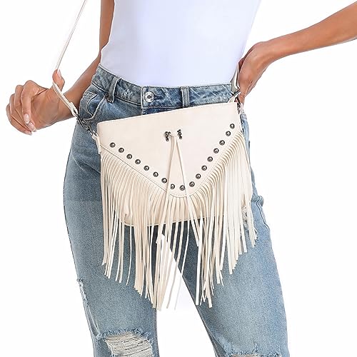 HDE Women's PU Leather Hobo Fringe Crossbody Tassel Purse Vintage Small Flap Envelope Handbag Western Sling Shoulder Bag - color: Cream White