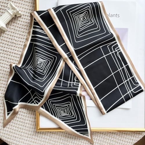 Silk Head Scarf for Hair Fashion Headwrap for Women Lightweight Neck Tie - color: X011-black Geometry