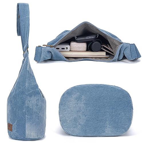 Coton Pose Women Hippie Crossbody Bag - Top Zip Large Capacity Canvas Sling Bag - Jacquard Cloth Handmade - color: Denim Blue