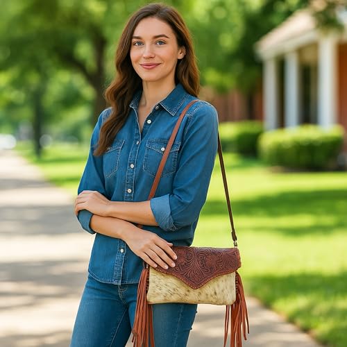 Genuine Cowhide Crossbody Purse - Tooled Leather Fringe Bag for Women - Western Shoulder Handbag Rodeo Style - color: Dk Brown
