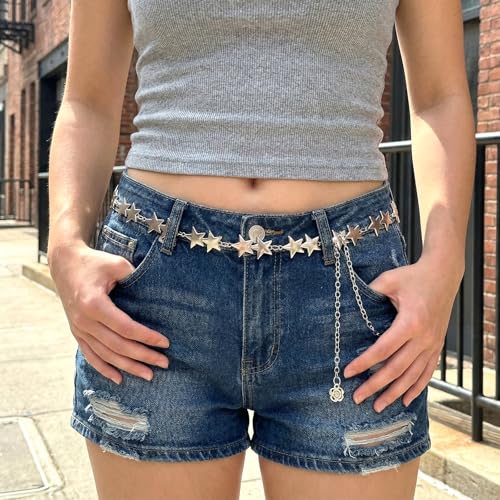 2 Pcs Waist Chain Belt Y2k Metal Star Jeans Pants Chain Adjustable Punk Pocket Body Belly Chains for Dresses Jeans Pants Casual Formal Rave Goth Women Men