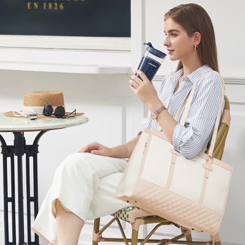 LOVEVOOK Laptop Tote for Women - 15.6 inch Canvas Laptop Bag, Large Capacity Work Bag with Clutch Purse, Computer Office Business Briefcase, Casual Handbag for Travel, College, Teacher, School - color: Grey & White, size: 15.6 inch