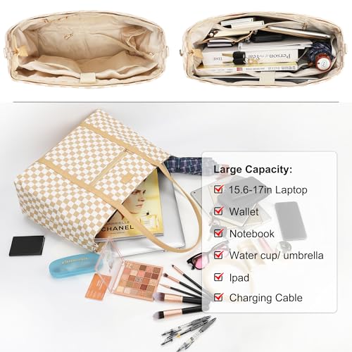 Laptop Tote Bag for Women 17 Inch, Teacher Work Bag with Compartments Business Laptop Bag With 15 Pockets Work Tote Bag - color: A1-brown/Beige Canvas-1pcs
