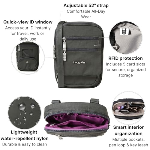 Baggallini Journey Crossbody Bags for Women 9x6 Small Lightweight Travel Handbag W/RFID - color: Charcoal