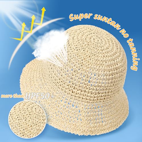 Rulala Fancy Womens Sun Hat Handmade Straw Bucket UV Protection Wide Brim Packable Travel Summer Cap for Beach UPF 50+ - color: Beige
