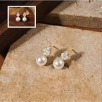 Hayopi Pearl Earrings for Women - Dainty Gold Dangle Drop Earrings, 14k Gold Plated Cute Bow Design, Hypoallergenic Pearl Studs, Wedding Jewelry Gifts - color: GOLD-Sharp CZ earrings