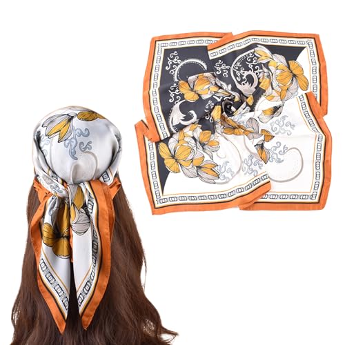 27.5 Inches Silk Head Scarf for Women Satin Hair Scarf Silk Wrap Neck Square Scarves Feeling Scarf Boho Headwear - color: Black and White Flower