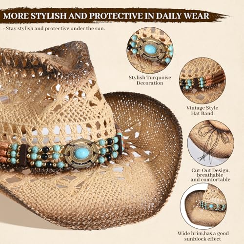 Straw Cowboy Hat for Men Womens Straw Cowgirl Hat Summer Western Cowboy Hats with Wide Brim for Cowgirls and Cowboys - color: Beige 5#